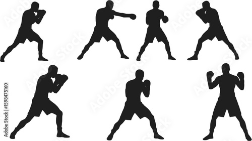 Vector art of a collection of boxing silhouettes in various stances captures the intensity of the sport isolated on white background