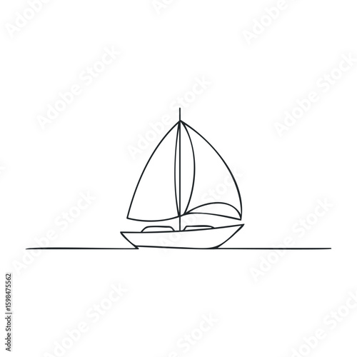 Minimalist sailboat drawing with single continuous line on white background. Vector illustration
