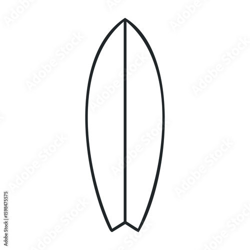 Minimalist black outline of a modern surfboard on white background. Vector illustration