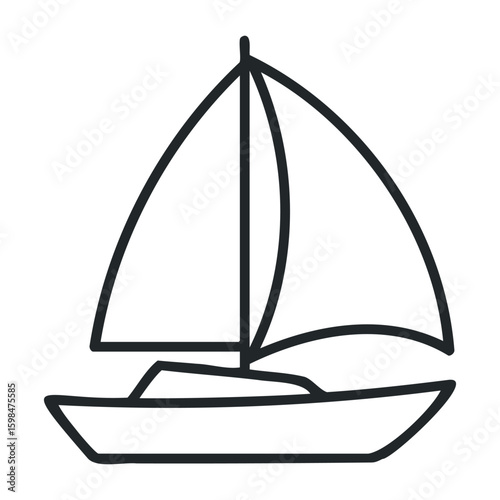 Simple outline of a sailboat with mast and sails in minimalist black design. Vector illustration