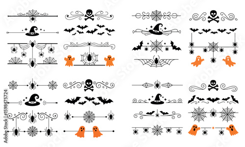 Halloween decorative dividers with skull bats spider and ghost for spooky invitation design
