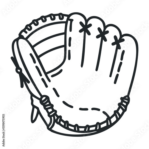Black and white baseball glove sketch with stitching detail. Vector illustration