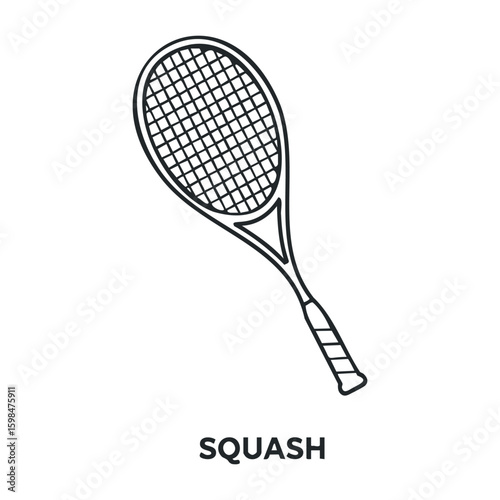 Monochrome squash racket icon with grid strings and text label. Vector illustration