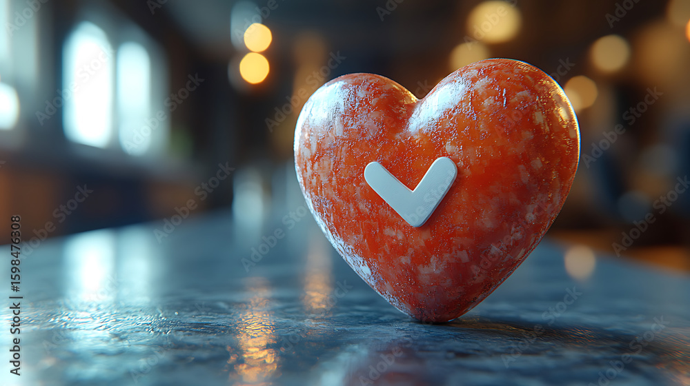 Fototapeta premium Red Heart with Checkmark - Symbol of Love, Health, and Approval