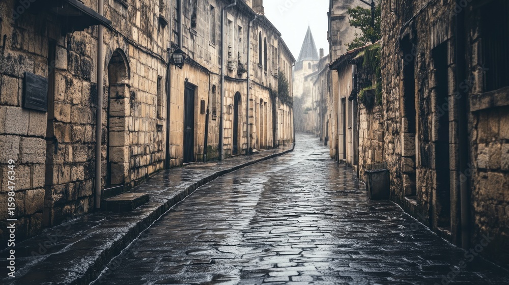 Fototapeta premium Cobblestone street in old town on rainy day.