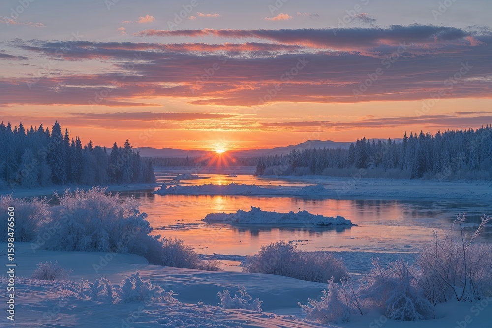 Fototapeta premium Serene Winter Sunset with Cool Colors and Icy Landscape Views