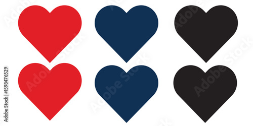 Hearts vector icons set. Love symbols shapes on white background. Valentine day outline set and red likes silhouettes. Black flat graphic. Social media stickers