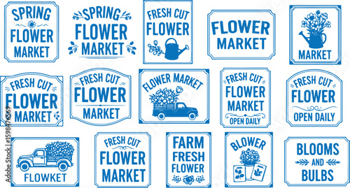 Collection of Blue Flower Market Signs and Illustrations, flower market, spring flowers, fresh cut flowers, floral, blooms, bulbs, farm fresh, open daily, flower truck, watering can, gardening, seeds,