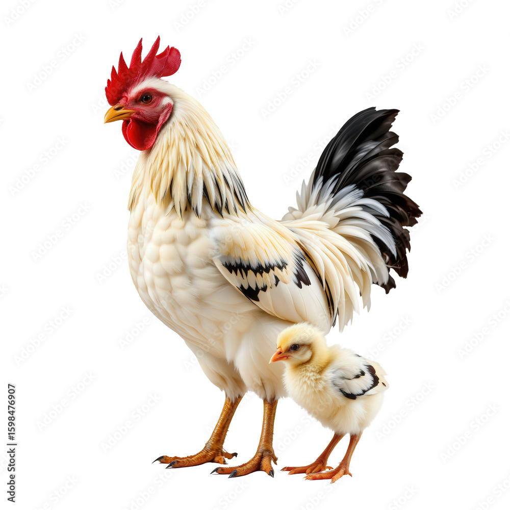 Fototapeta premium Majestic Rooster Standing Proudly Beside Adorable Yellow Chick