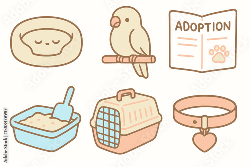 Cute cartoon pet icon set in pastel colors, ideal for animal shelter campaigns, apps, UI packs, and stock illustrations.