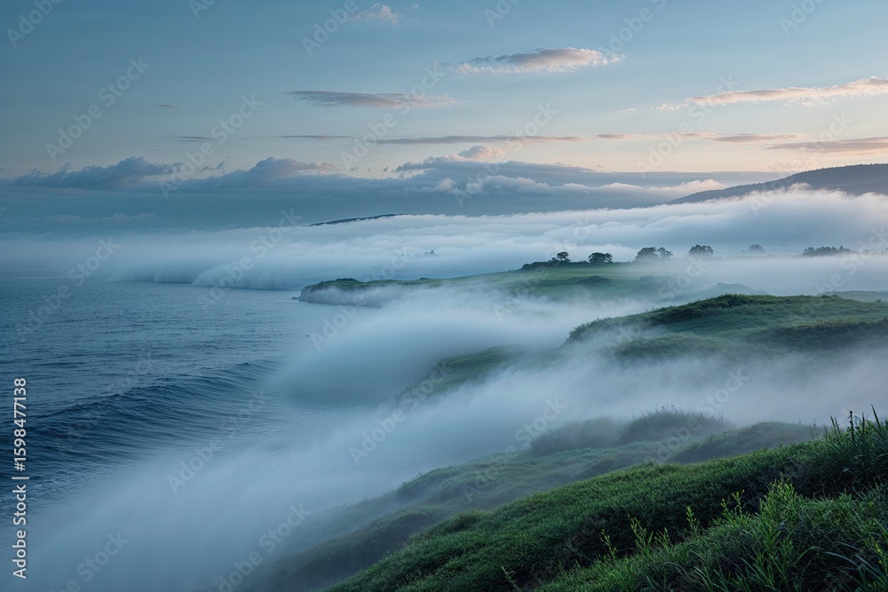 Fototapeta premium Mysterious Ocean Fog Rolling Through a Serene Landscape