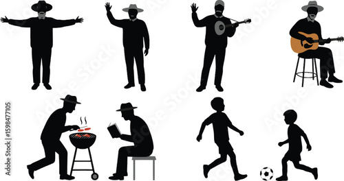 Vector art of silhouette illustrations of men engaging in various activities, such as playing guitar and soccer