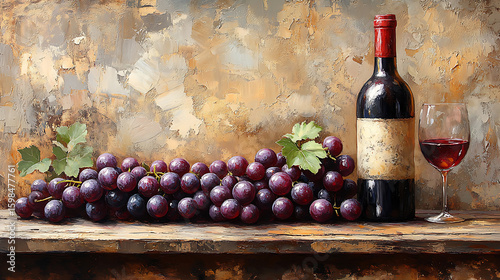 Still Life with Red Wine, Grapes, and Rustic Background