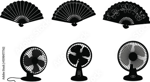 Vector art of collection of hand fans and electric fans for cooling, isolated on white background
