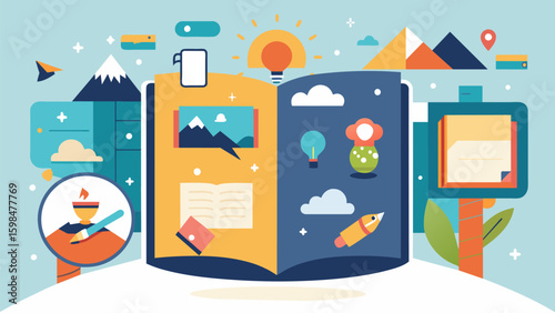 A journal filled with a collage of pictures quotes and drawings showcases the exciting possibilities and endless potential of the future serving as a. Vector illustration