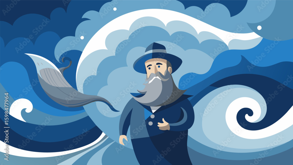 Obraz premium An abstract depiction of Captain Ahabs obsession with swirling shades of blue and gray representing the tumultuous sea and his unrelenting pursuit of. Vector illustration