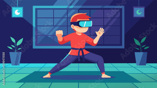 A child practicing martial arts in their living room transported to a virtual dojo with the help of VR technology and a skilled instructor.. Vector illustration