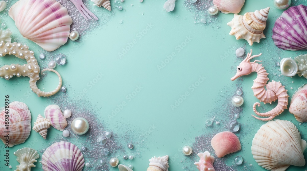 Obraz premium blank invitation card mockup surrounded by pink and lavender shells, pearls, seahorses and glitter sand