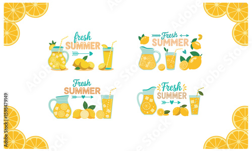 Fresh summer lemonade drink labels with citrus fruit and refreshing juice illustration
