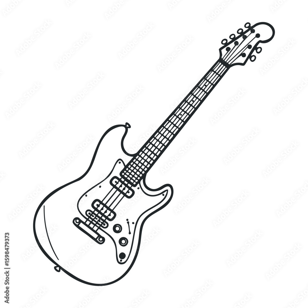 Obraz premium Electric guitar outline drawing with detailed strings and body design. Vector illustration