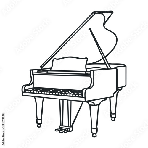 Elegant grand piano sketch with open lid and keyboard details. Vector illustration