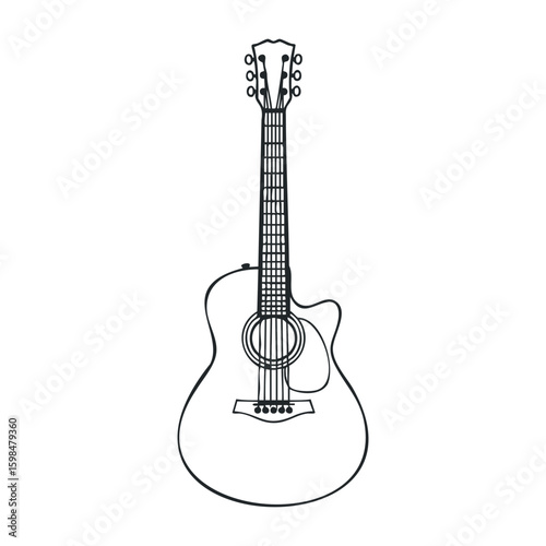 Line drawing of acoustic guitar outline with detailed strings and tuning pegs. Vector illustration