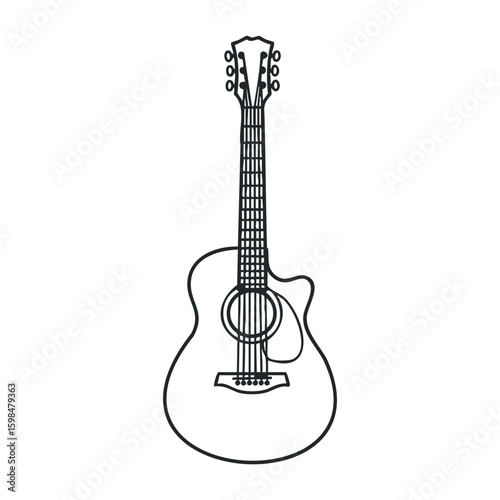 Simple line drawing of acoustic guitar with six strings and curved body. Vector illustration