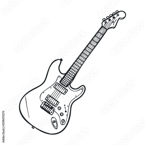 Black and white electric guitar drawing featuring iconic stratocaster design. Vector illustration