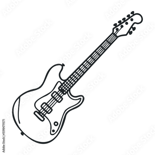 Black and white outline of electric guitar with double cutaway and six strings. Vector illustration