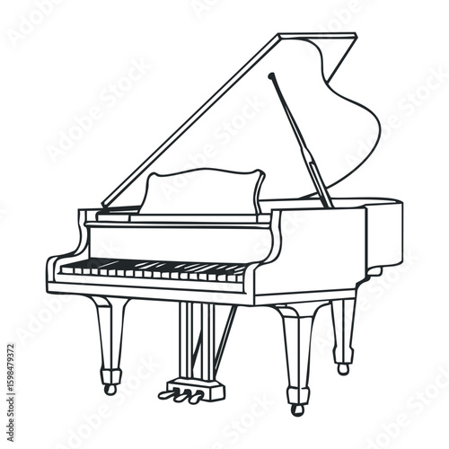 Elegant line drawing of a classic grand piano with open lid and detailed keys. Vector illustration