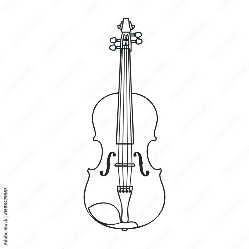 Naklejka premium Black and white violin outline drawing with detailed strings and f-holes. Vector illustration