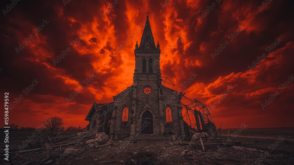 Obraz premium Abandoned Church Under Dramatic Red Sky