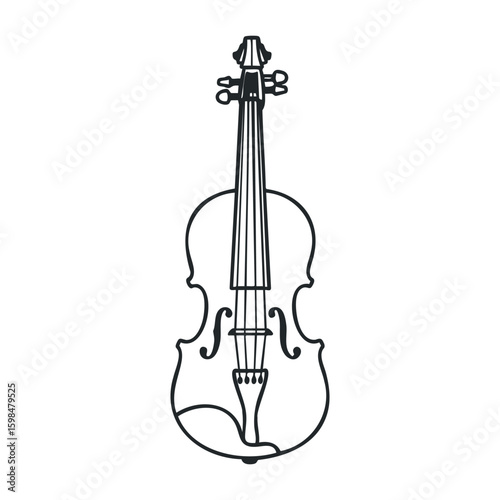 Elegant classical violin drawing with strings and details in black outline. Vector illustration