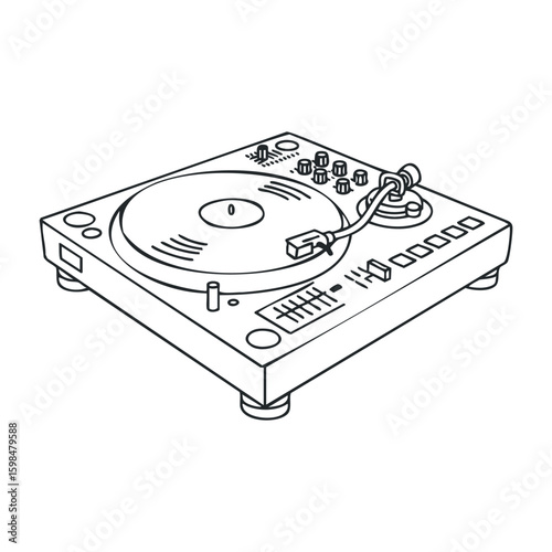 Black and white vinyl record player outline drawing with turntable. Vector illustration