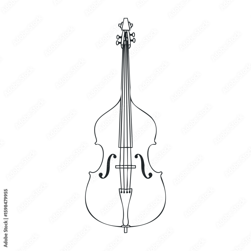 Fototapeta premium Double bass outline drawing of a stringed instrument with detailed features. Vector illustration