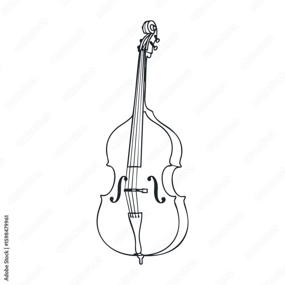 Fototapeta premium Double bass outline drawing front view black and white musical instrument illustration. Vector illustration