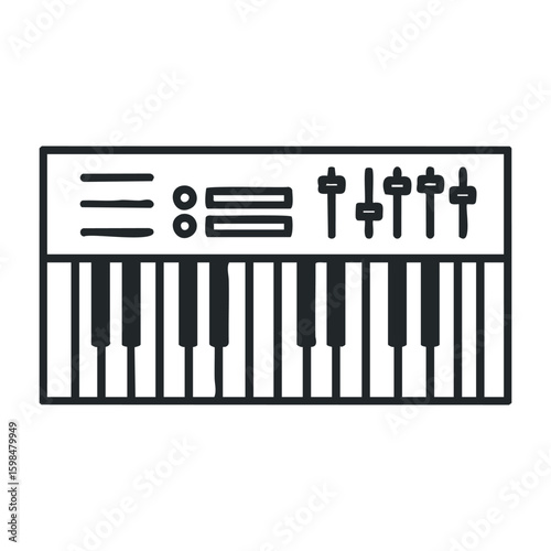 Synthesizer keyboard with sound control panel icon in black and white. Vector illustration