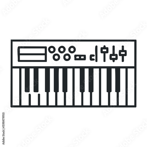 Black and white synthesizer keyboard with control knobs and sliders. Vector illustration