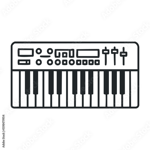 Minimalist black and white digital piano keyboard with control panel and sliders. Vector illustration
