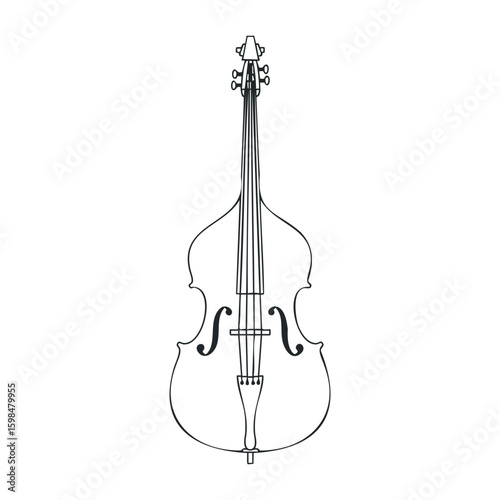 Double bass outline drawing of a stringed instrument with detailed features. Vector illustration