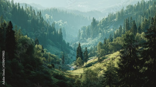 Picture of summer day green forest landscape AI generative