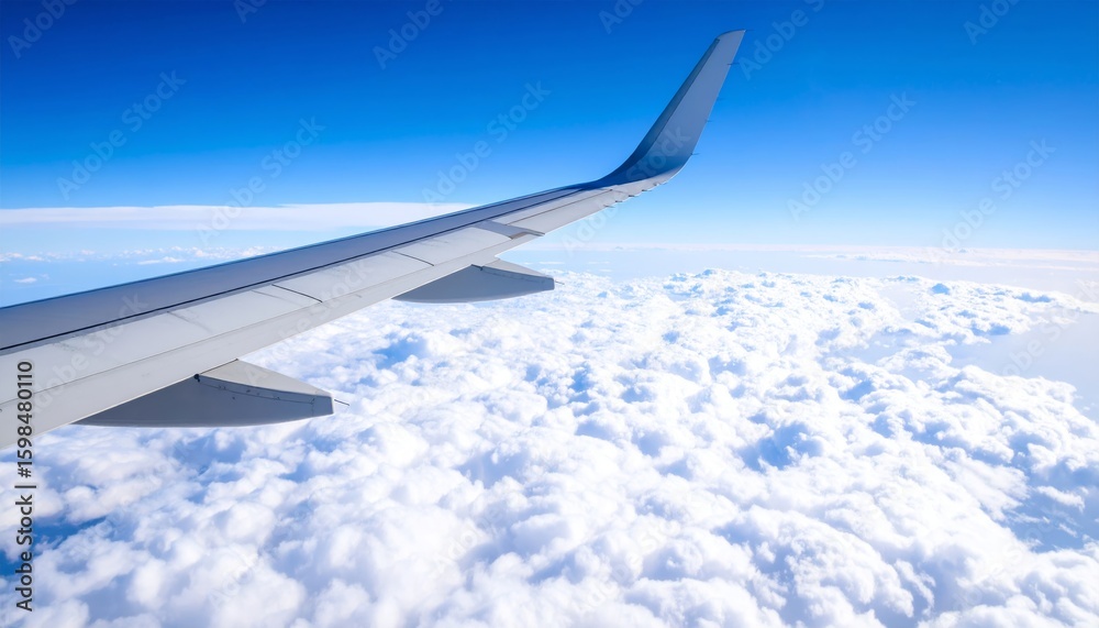 Airplane wing above clouds.View from airplane window a blue sky and clouds. Airplane wing above clouds.View from airplane window a blue sky and clouds.