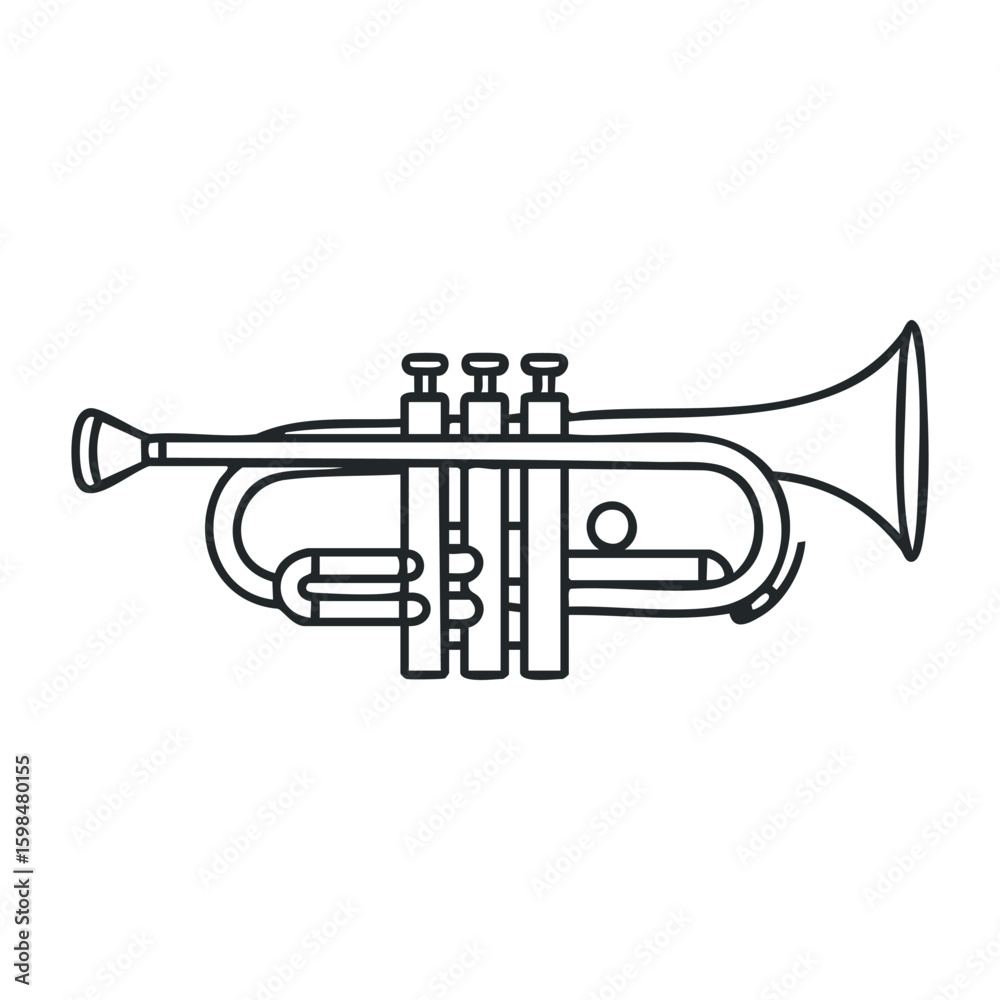 Classic brass trumpet instrument sketch with valve details in black outline. Vector illustration Classic brass trumpet instrument sketch with valve details in black outline. Vector illustration
