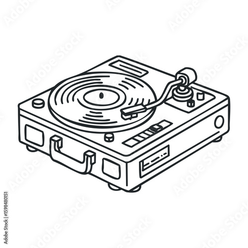 Retro vinyl record player sketch with turntable and tonearm. Vector illustration