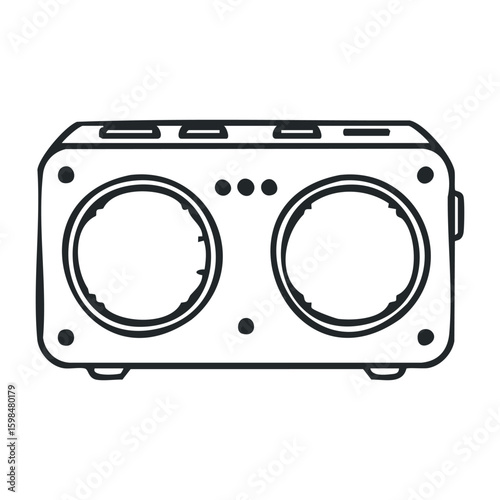 Retro two-dial radio with buttons and speaker grille in black and white. Vector illustration