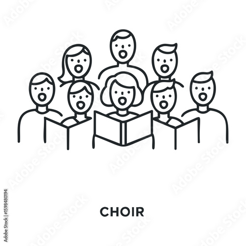 Line drawing of mixed choir singing with music sheets. Vector illustration