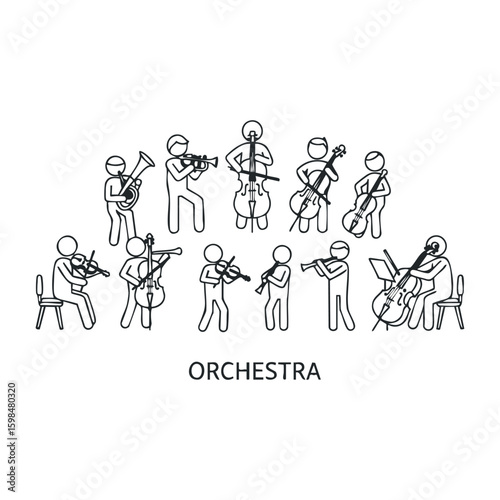 Stick figure orchestra: musicians playing instruments in a diverse ensemble. Vector illustration