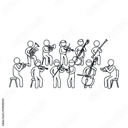 Minimalist line art of stick figure orchestra playing musical instruments. Vector illustration