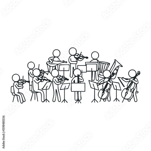 Stick figure orchestra playing musical instruments in symphony performance. Vector illustration