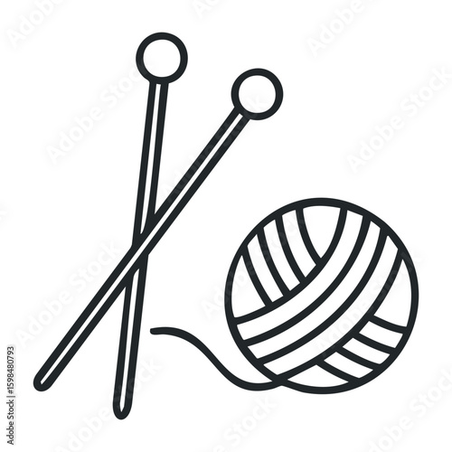 Knitting needles and yarn ball outline on white background. Vector illustration